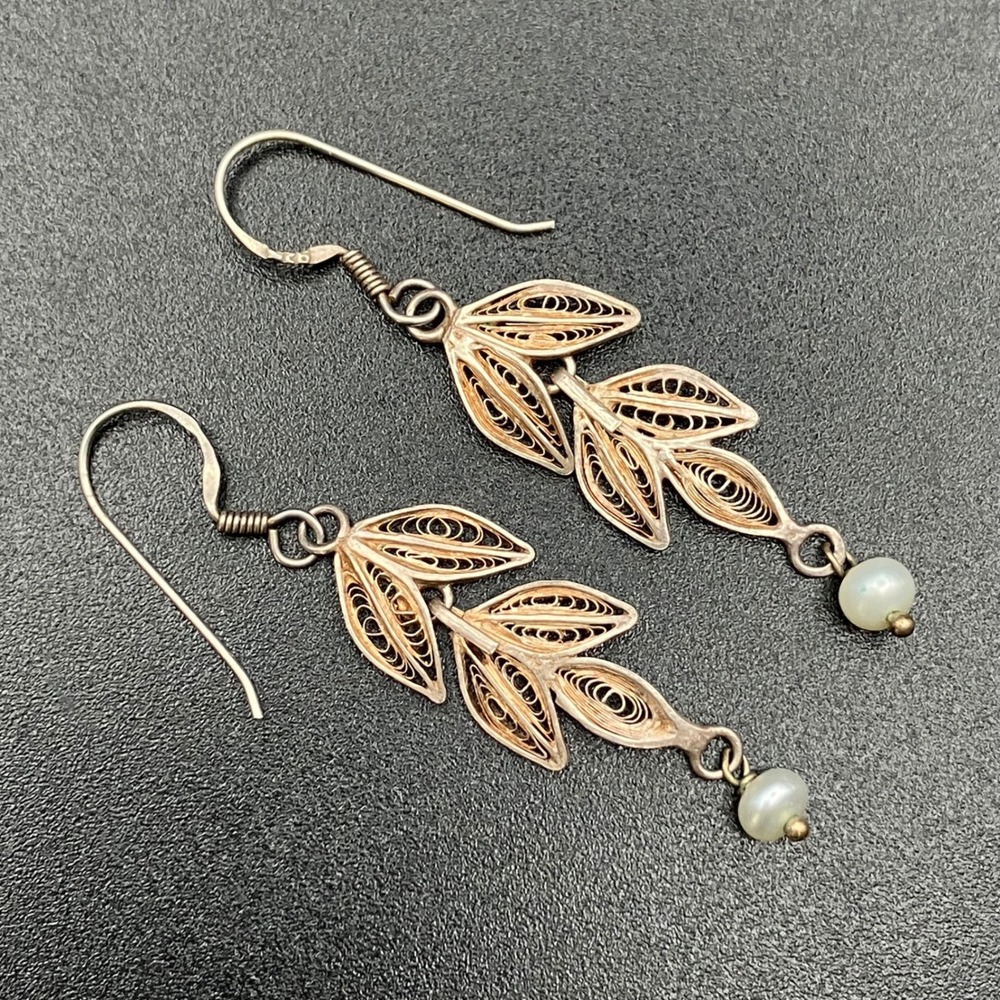 Vintage Sterling Silver Filigree Dangle Earrings Leaf Cultured Pearl Drop 1.95"